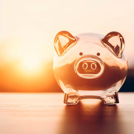glass piggy bank with sunset light in saving money concept on wood tableの素材
