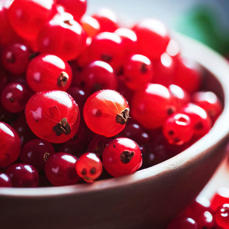 Fresh red currant berries in a bowl, concept of healthy eating vegan food. Close up, selective focusの素材