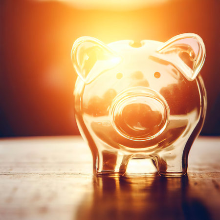 glass piggy bank with sunset light in saving money concept on wood tableの素材