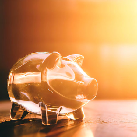 glass piggy bank with sunset light in saving money concept on wood tableの素材