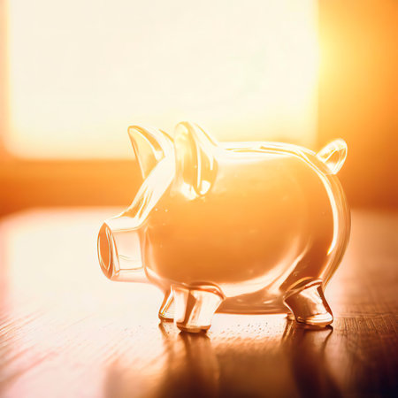 glass piggy bank with sunset light in saving money concept on wood tableの素材