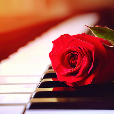 Red Flower Rose on Piano Keys Romantic Viewの素材
