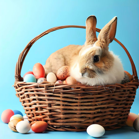 wicker basket with a rabbit and full of easter eggs on blue backgroundの素材