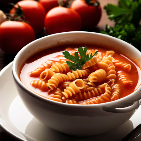 Bowl of tomato soup with pasta and parsleの素材