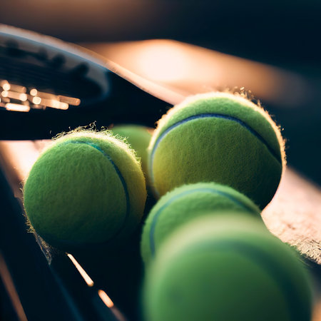 Tennis balls and racket on benchの素材