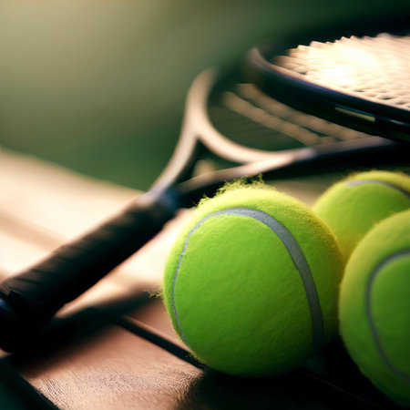 Tennis balls and racket on benchの素材