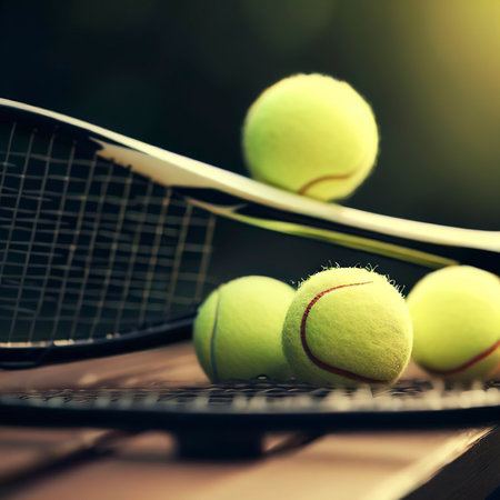 Tennis balls and racket on benchの素材