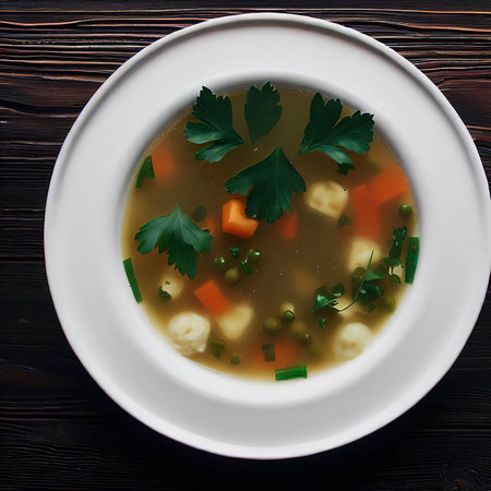 Top view soup with vegetables and parsley in a white plate on a dark wooden backgroundの素材