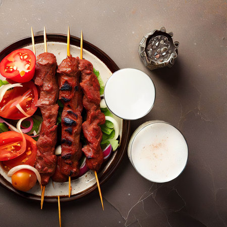 Top view lule kebab with tomato and onion and ayran on stone backgroundの素材