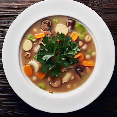 Top view soup with vegetables and parsley in a white plate on a dark wooden backgroundの素材