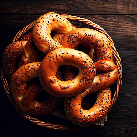 Turkish bagel in a basket top view on a dark wooden backgroundの素材