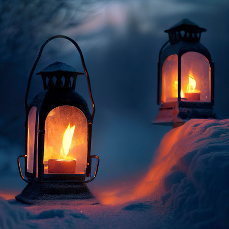 Two burning lanterns in the snow at twilightの素材