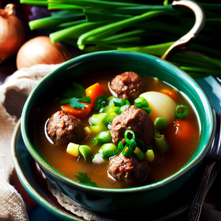 Vegetables soup with meatballs and green onion garnish.Selective focusの素材