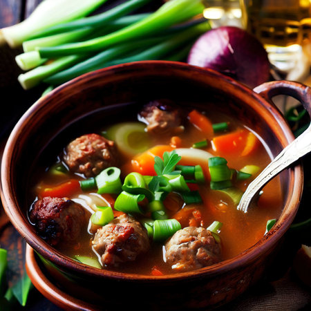 Vegetables soup with meatballs and green onion garnish.Selective focusの素材