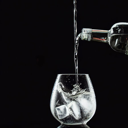 Pouring gin tonic drink into a glass on black backgroundの素材