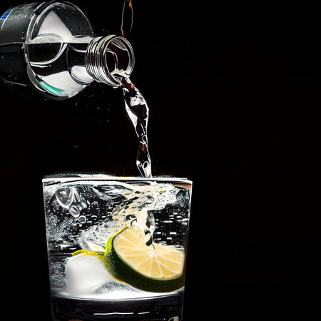Pouring gin tonic drink into a glass on black backgroundの素材