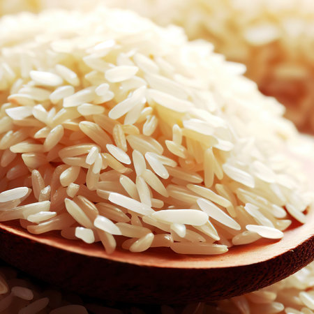 Rice on a wooden spoon close upの素材