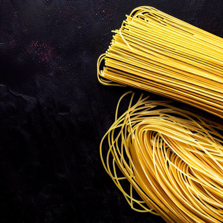 raw spagetti pasta isolated on black background top view with copy spaceの素材