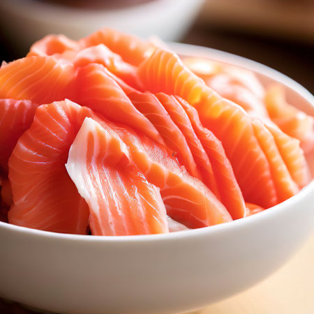 salmon sashimi put into white bowlsalmon sashimi put into white bowlの素材