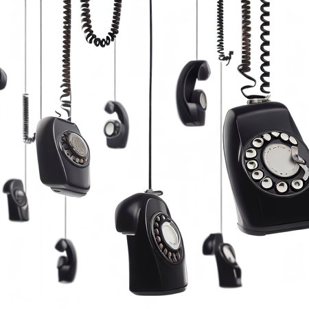 Rotary telephone handsets hanging in the air isolated on whiteの素材