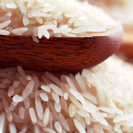 Rice on a wooden spoon close upの素材