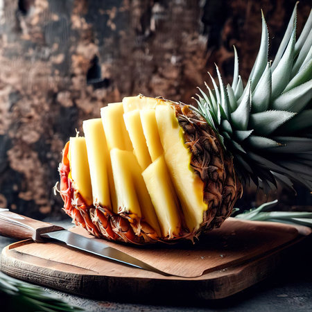 Sliced pineapple in a cutting board with a fruit knife side view on a wooden grunge and stone tile backgroundの素材