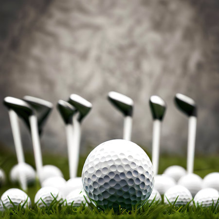 Golf ball and several tees on grass against a wallの素材