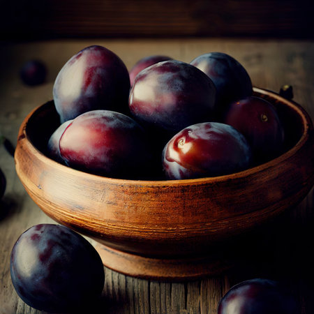 Fresh plums in a rustic bowl on a wooden tableの素材