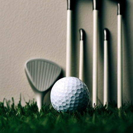 Golf ball and several tees on grass against a wallの素材