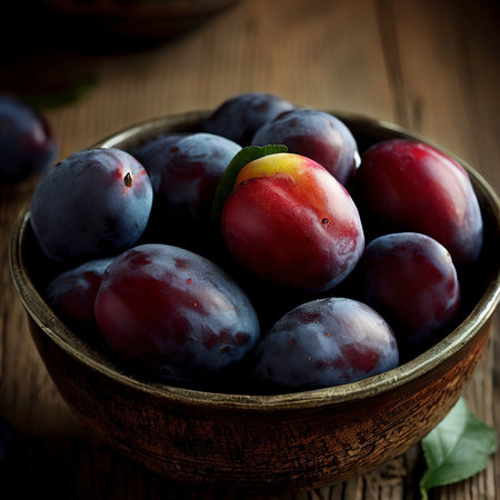 Fresh plums in a rustic bowl on a wooden tableの素材