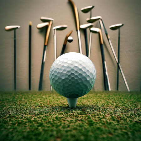 Golf ball and several tees on grass against a wallの素材
