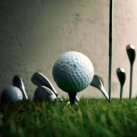 Golf ball and several tees on grass against a wallの素材