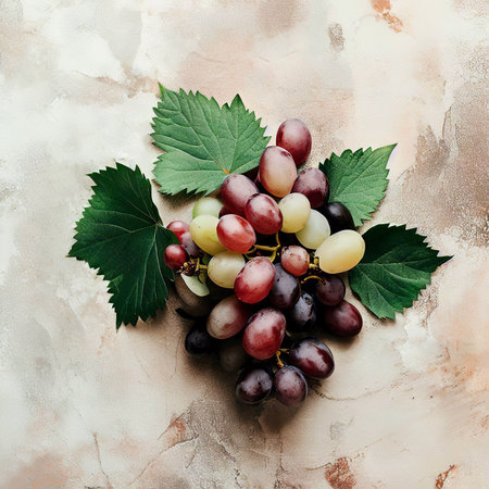 Grapes with leaves flat lay on a grungy plaster backgroundの素材
