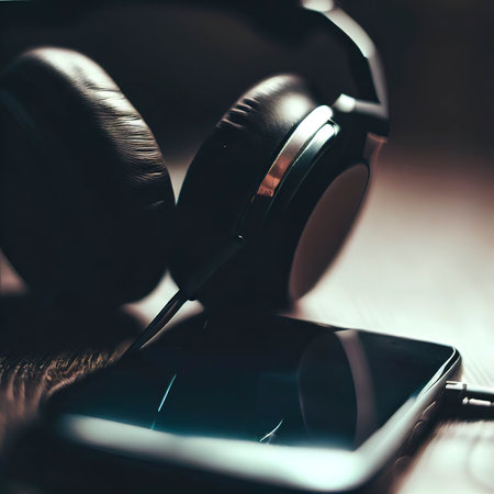 Headphones and smartphone on a wooden surfaceの素材