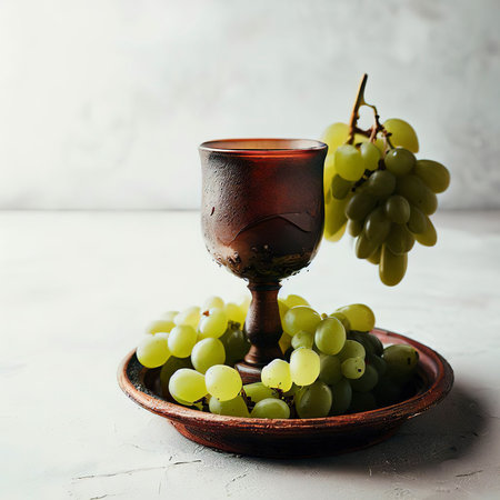 Green grapes with wine in goblet in a clay plate on white and grungy background, side viewの素材