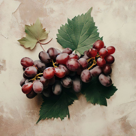 Grapes with leaves flat lay on a grungy plaster backgroundの素材