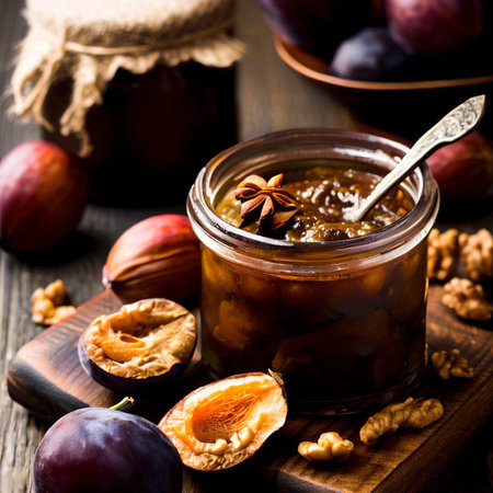 Homemade plum jam with walnuts and spices on a rustic wooden table. Selective focusの素材