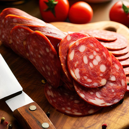 italian salami slices on cutting board with kitchen knifeの素材