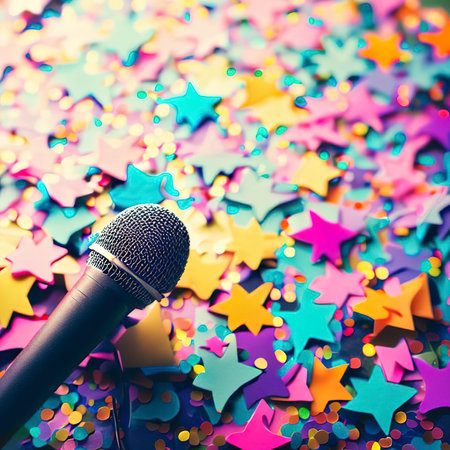 Paty background of colorful star shaped confetti with microphoneの素材