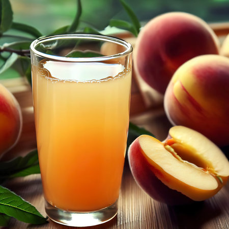 Natural peach juice in glass on wooden tableの素材