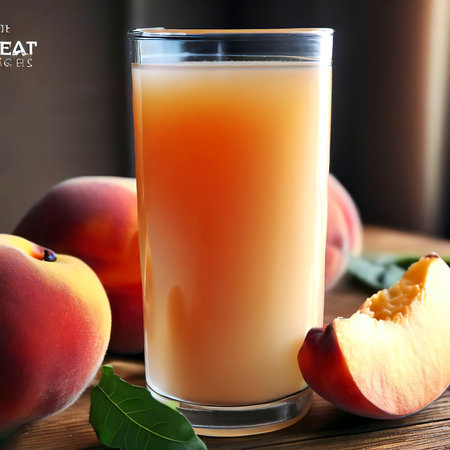 Natural peach juice in glass on wooden tableの素材