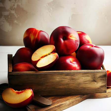 Nectarines with cutting board in a wooden box on white and grungy background, side viewの素材
