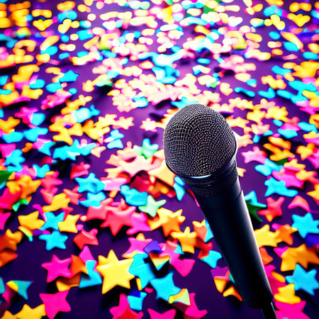 Paty background of colorful star shaped confetti with microphoneの素材