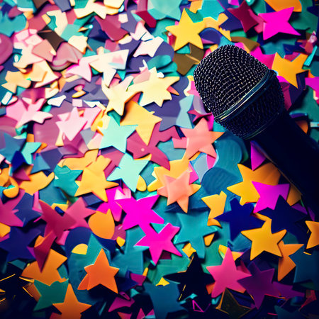 Paty background of colorful star shaped confetti with microphoneの素材