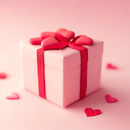 pink gift box with red hearts on a pink backgroundの素材