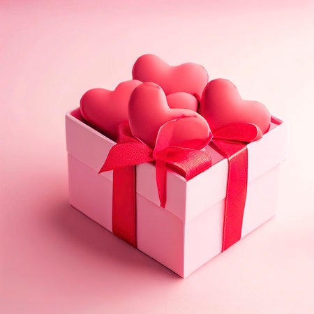 pink gift box with red hearts on a pink backgroundの素材