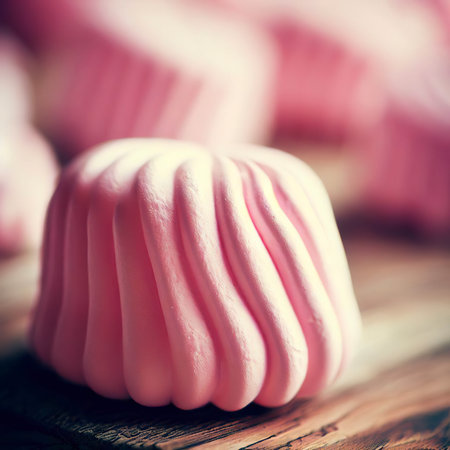 Pink marshmallow on a wooden tableの素材