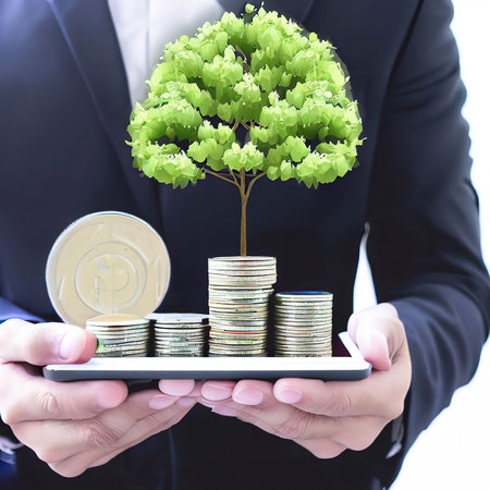 Businessman holding a tablet with coins stack and tree,Lucky economic growth conceptの素材