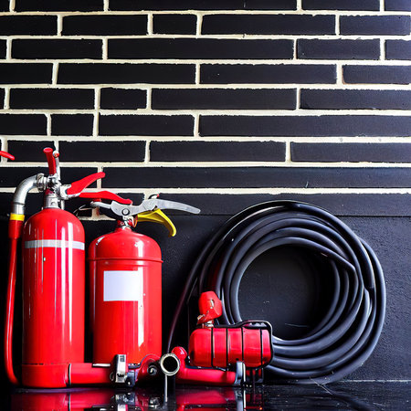 fire extinguish equipment with black brick wallの素材