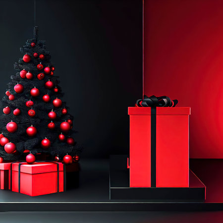 Christmas tree with gift box and ornaments in red or black composition for modern stage display and minimalist mockupの素材